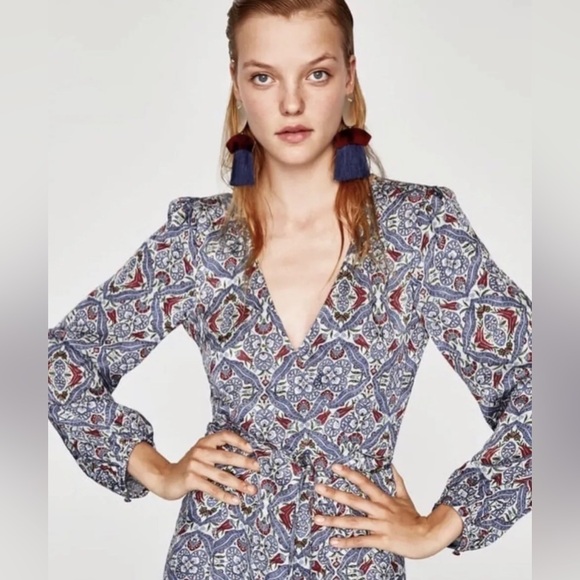 Zara Jacquard Patterned Shimmer Long Sleeve Midi Wrap Dress - Picture 3 of 8